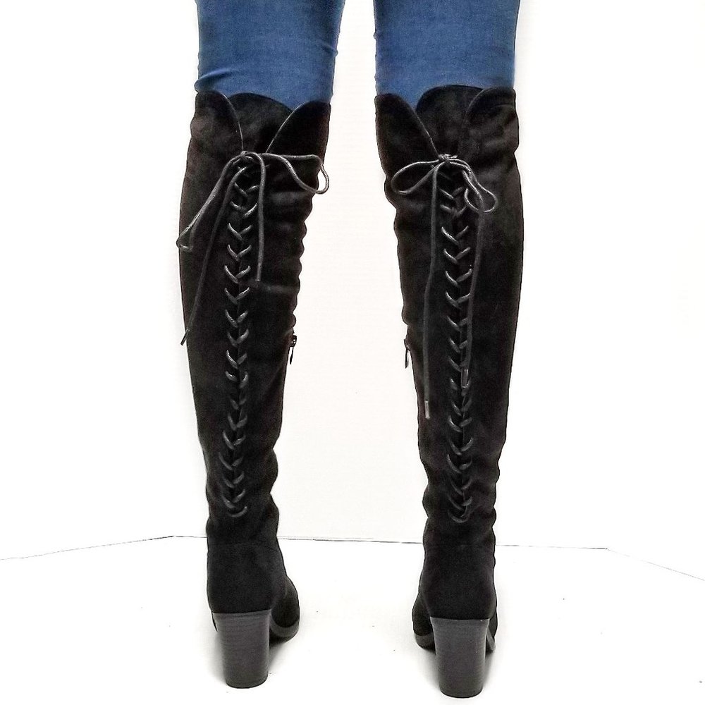 New Black Lace Up Over the Knee Chunky Heel Boots - Picture 2 of 5